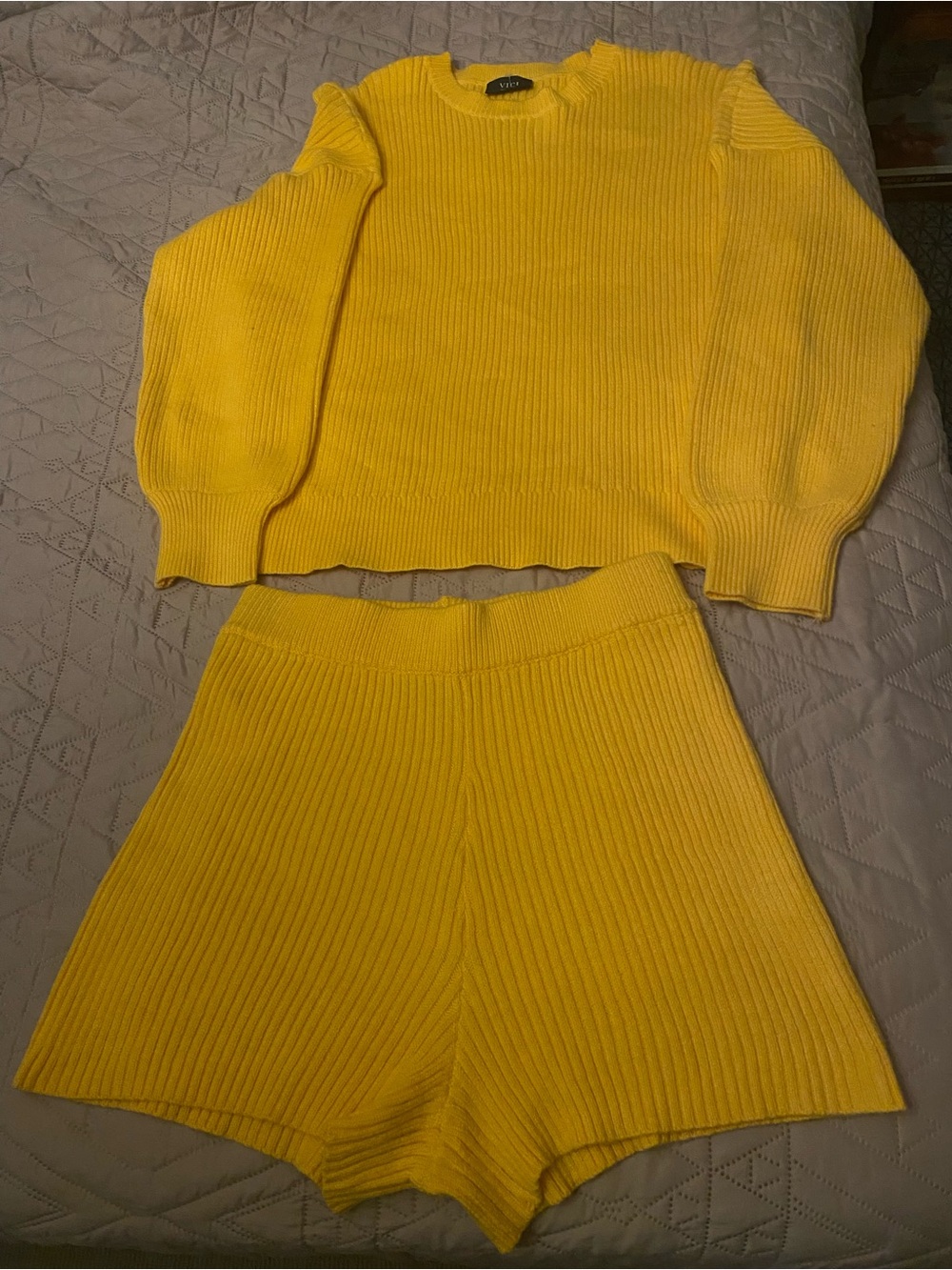 Vici Sunny Yellow Ribbed Crew Sweater & Shorts Set
